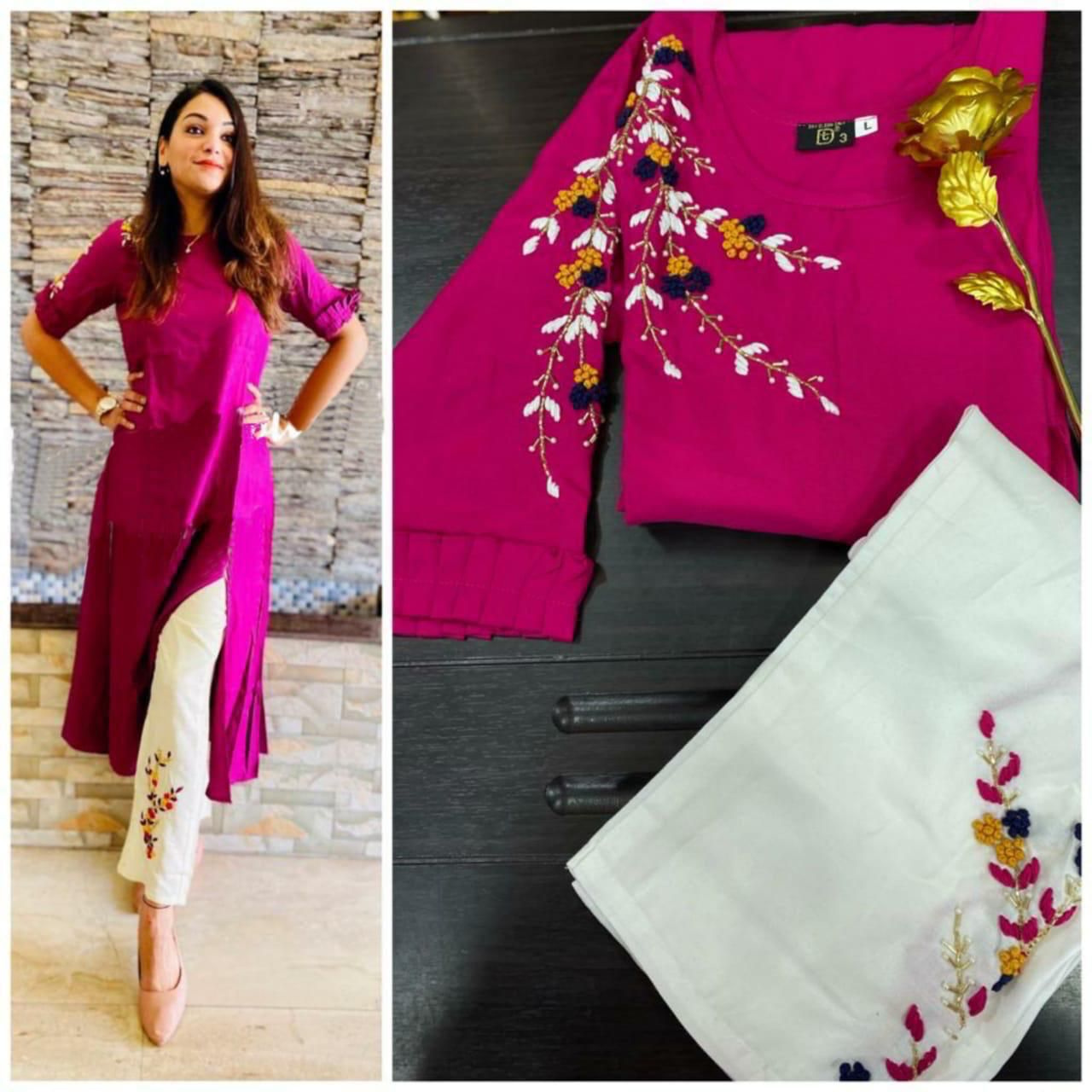 TDG Flower Queen Rayon Hand Work Designer Kurti With Bottom Catalog